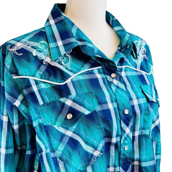 CUMBERLAND Green Blue Country Western Shirt 1X‎ Pearl Snap Long Sleeve Riding - Picture 5 of 14